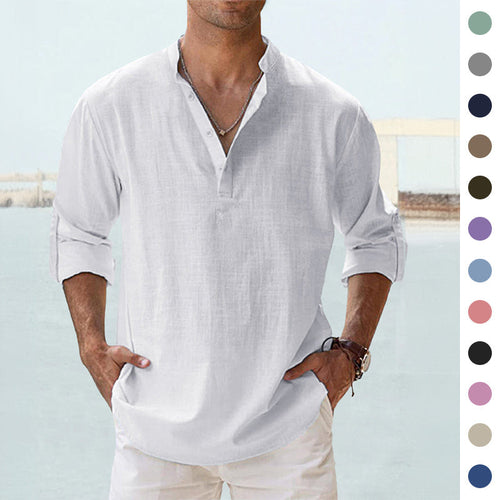 New Men's Casual Blouse Cotton Linen Shirt Loose Tops Long Sleeve Tee