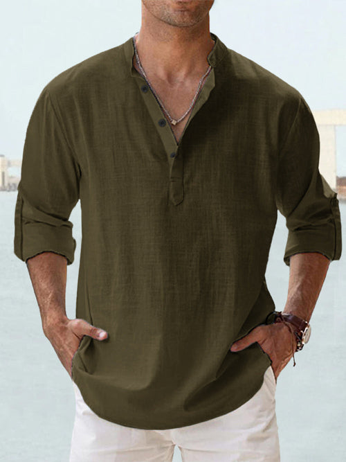 New Men's Casual Blouse Cotton Linen Shirt Loose Tops Long Sleeve Tee